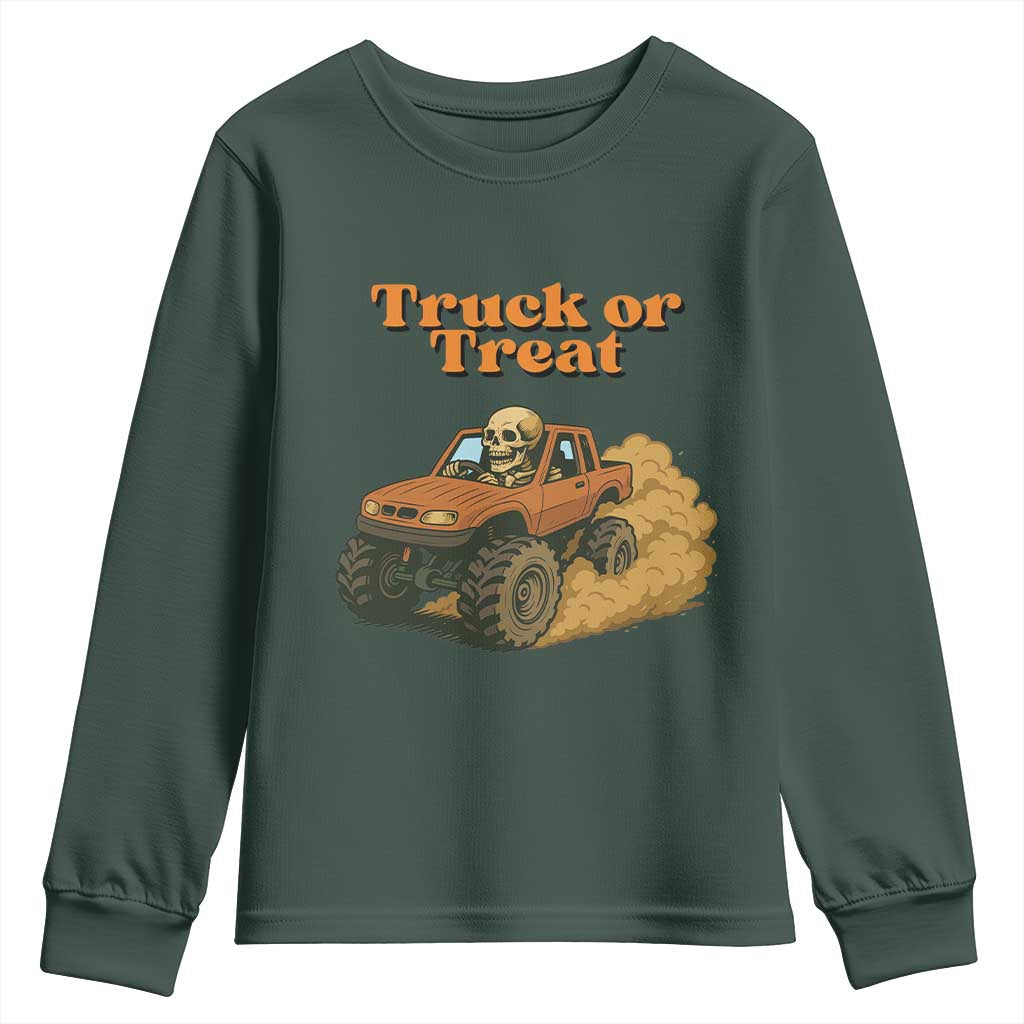 Truck Or Treat Skeleton Racing Youth Sweatshirt Funny Halloween Truck Lover TS12 Dark Forest Green Print Your Wear