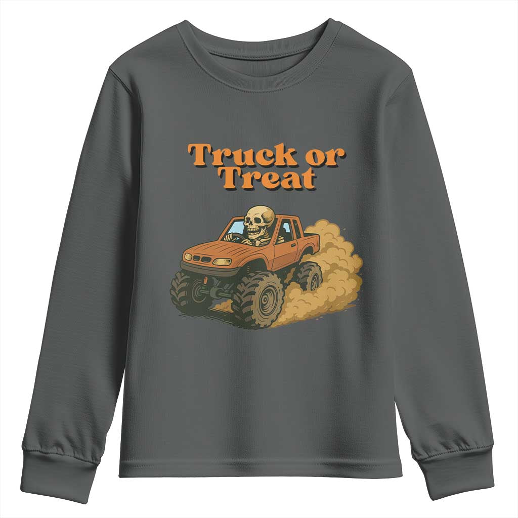 Truck Or Treat Skeleton Racing Youth Sweatshirt Funny Halloween Truck Lover TS12 Dark Heather Print Your Wear