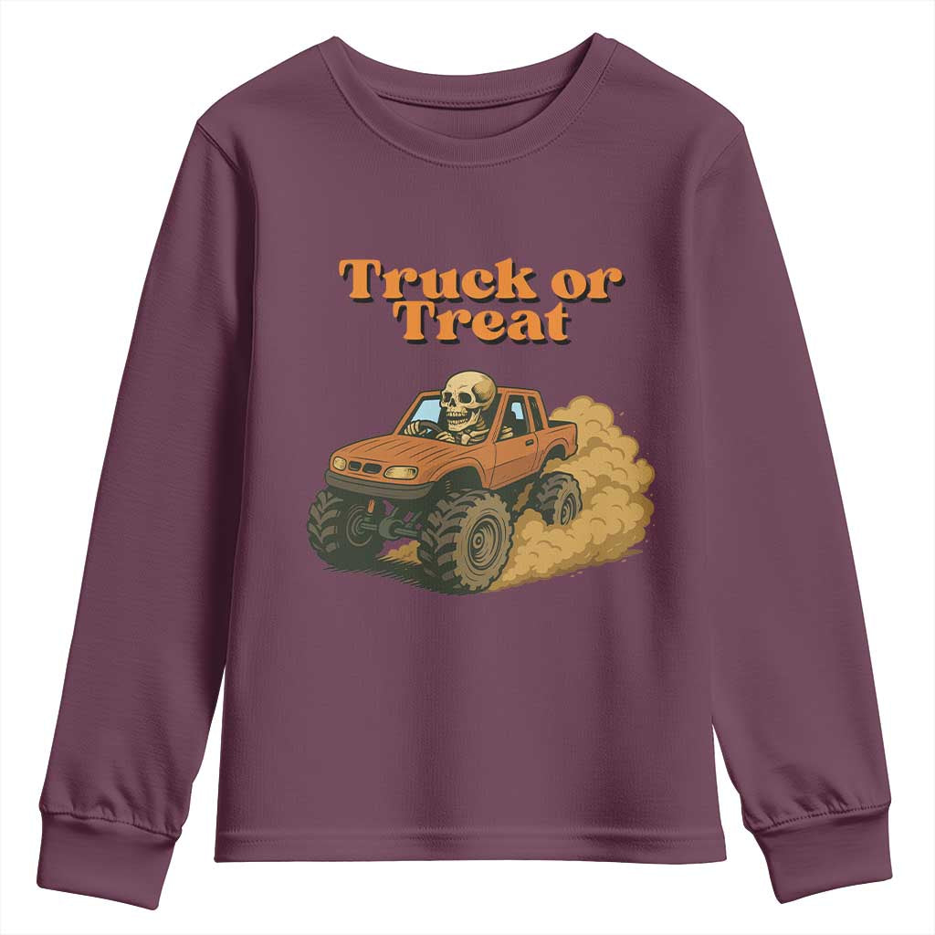 Truck Or Treat Skeleton Racing Youth Sweatshirt Funny Halloween Truck Lover TS12 Maroon Print Your Wear