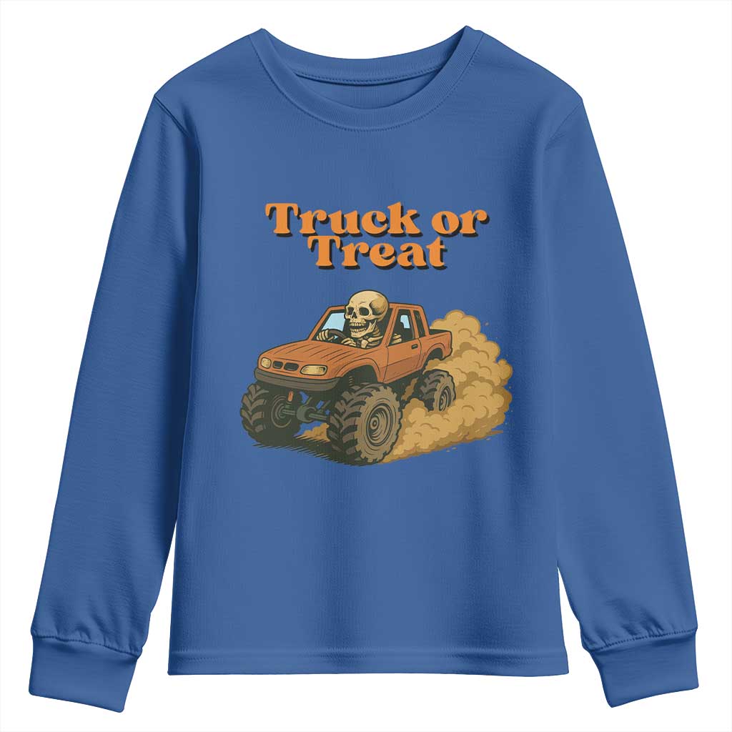 Truck Or Treat Skeleton Racing Youth Sweatshirt Funny Halloween Truck Lover TS12 Royal Blue Print Your Wear