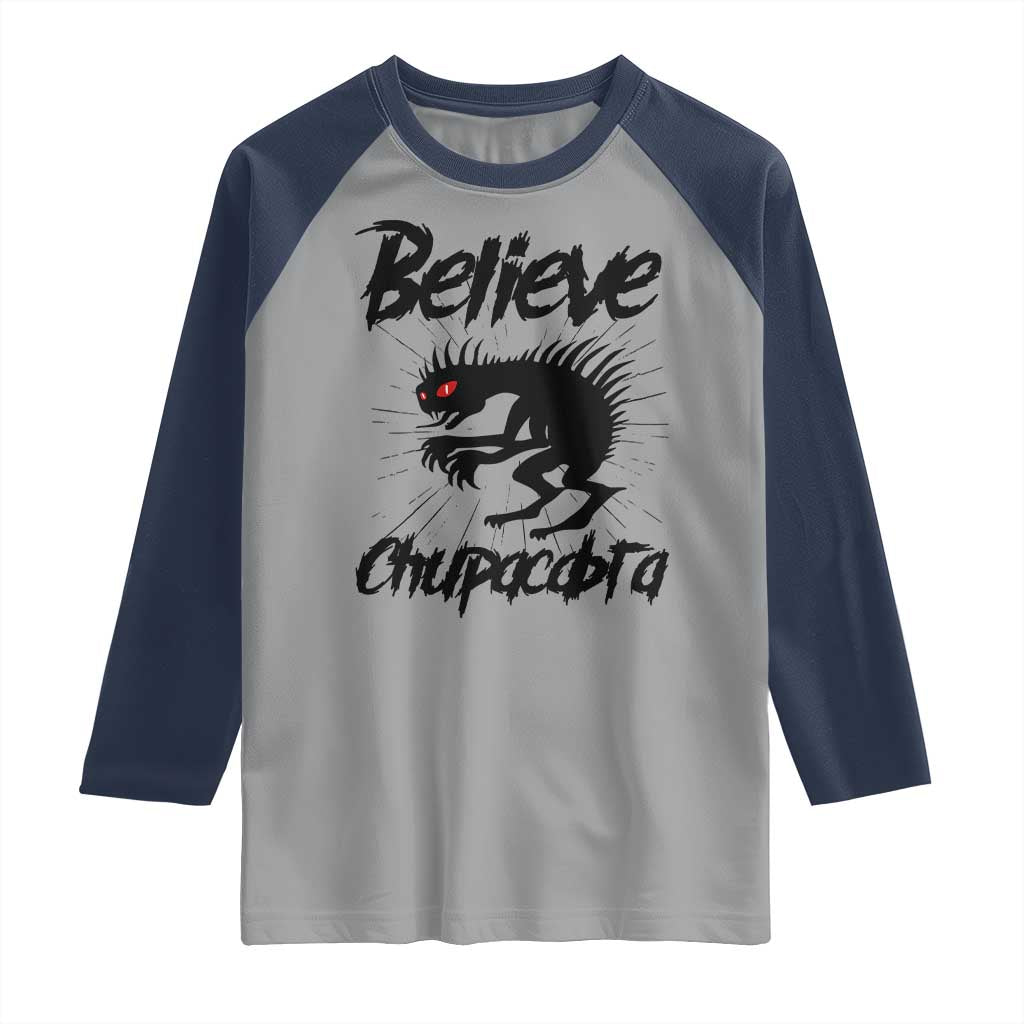 Urban Legends And Mystery Gift Raglan Shirt Believe Chupacabra TS12 Sport Gray Navy Print Your Wear