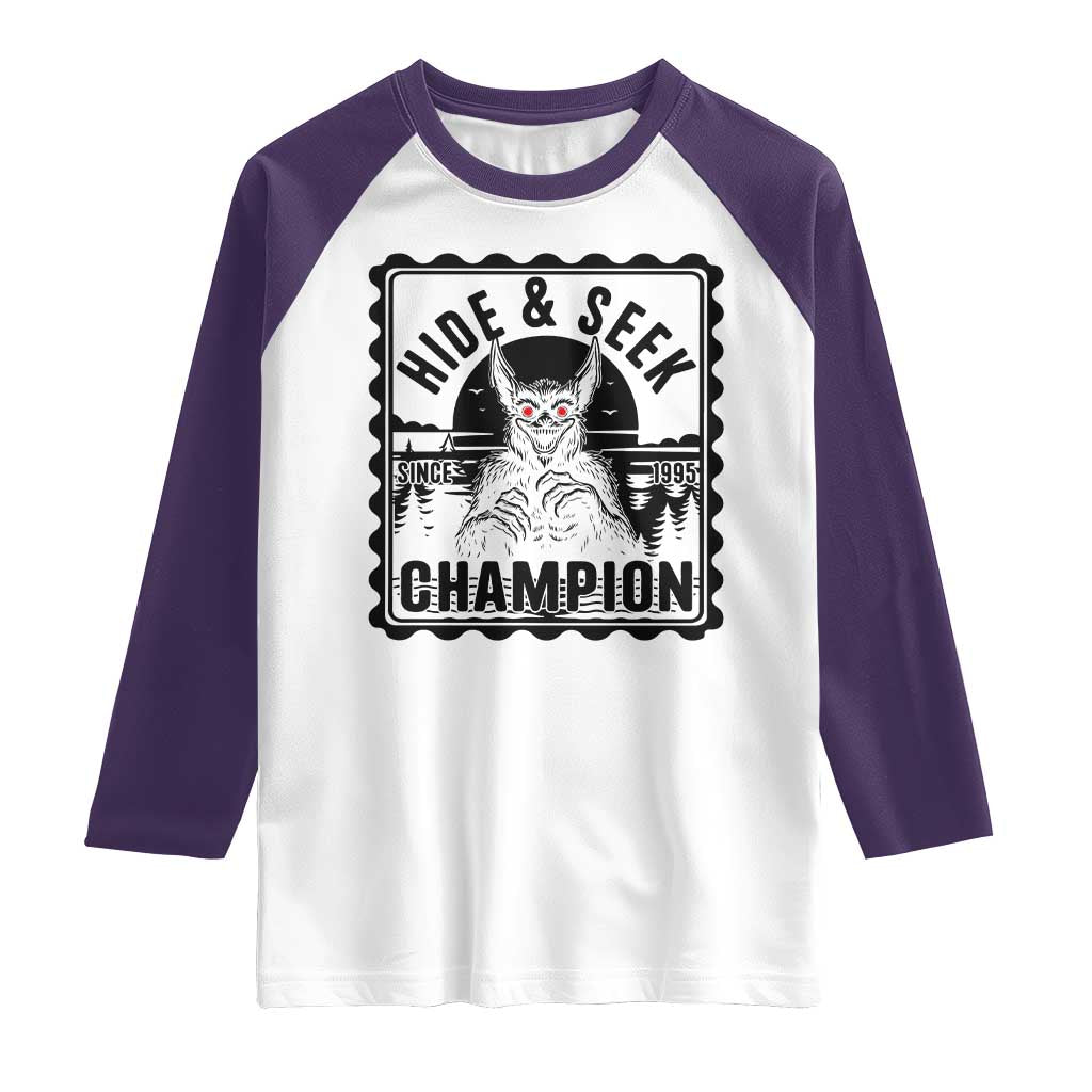 Chupacabra Hide And Seek Champion Since 1995 Raglan Shirt Cryptid Gift TS12 White Purple Print Your Wear
