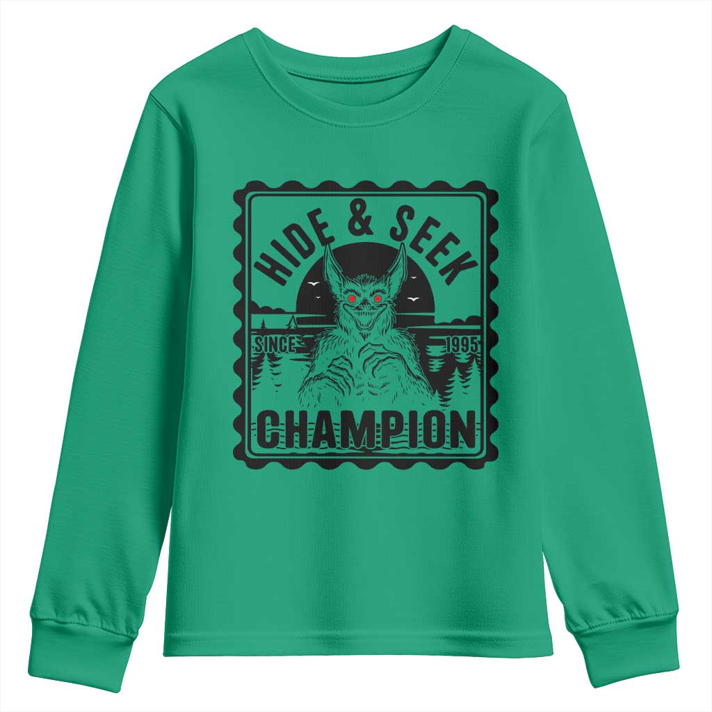 Chupacabra Hide And Seek Champion Since 1995 Youth Sweatshirt Cryptid Gift TS12 Irish Green Print Your Wear