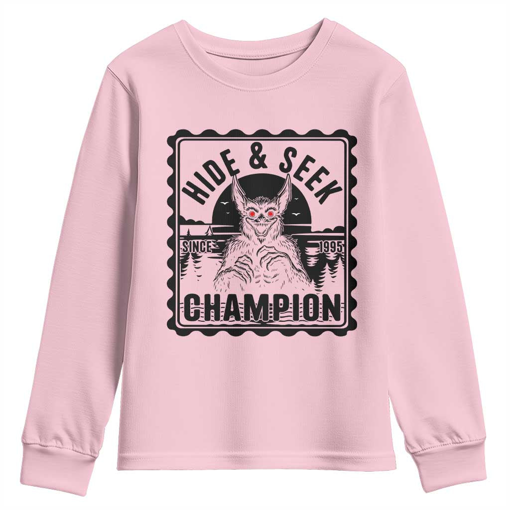 Chupacabra Hide And Seek Champion Since 1995 Youth Sweatshirt Cryptid Gift TS12 Light Pink Print Your Wear