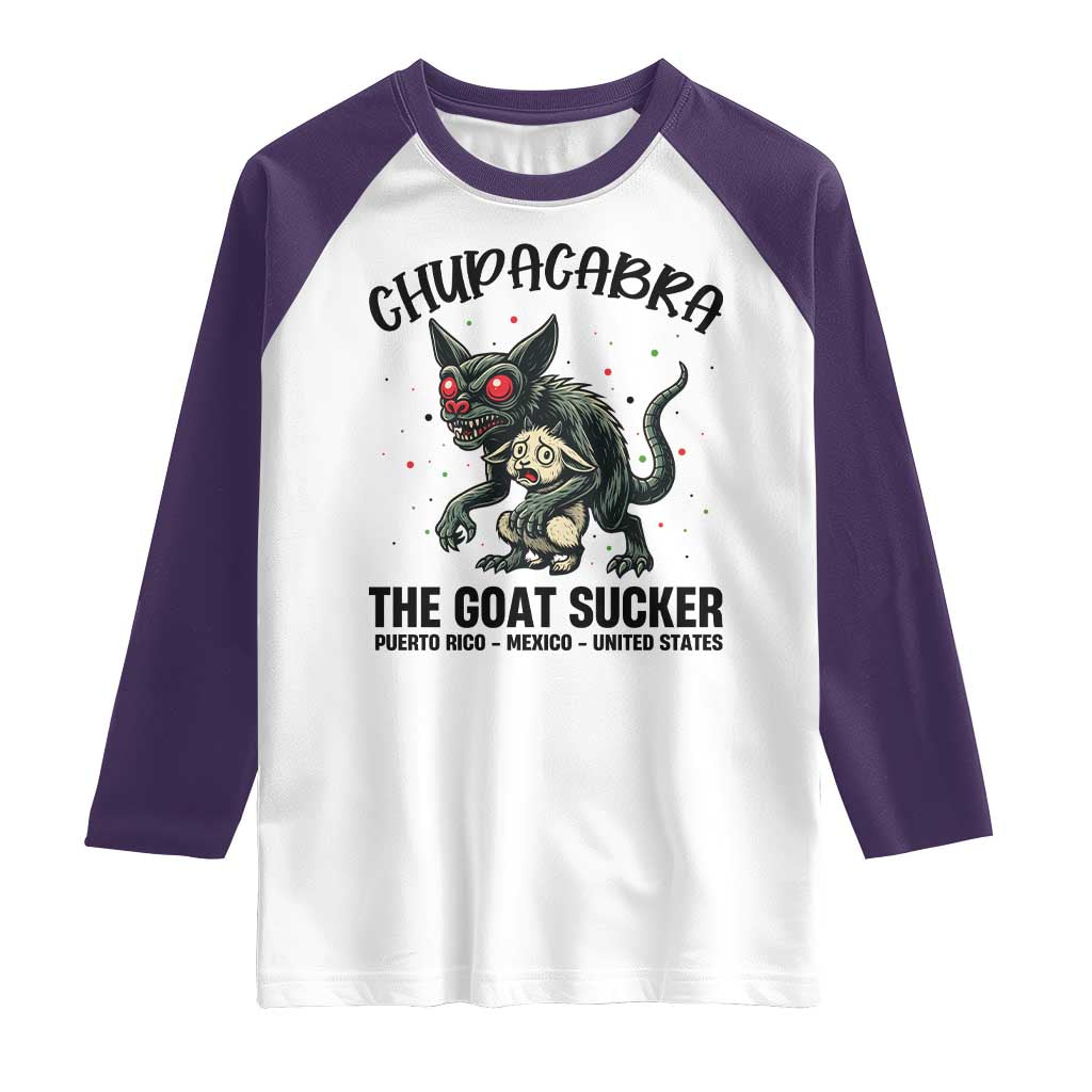 Chupacabra Raglan Shirt The Goat Sucker Vintage Horror Cryptid Gift TS12 White Purple Print Your Wear