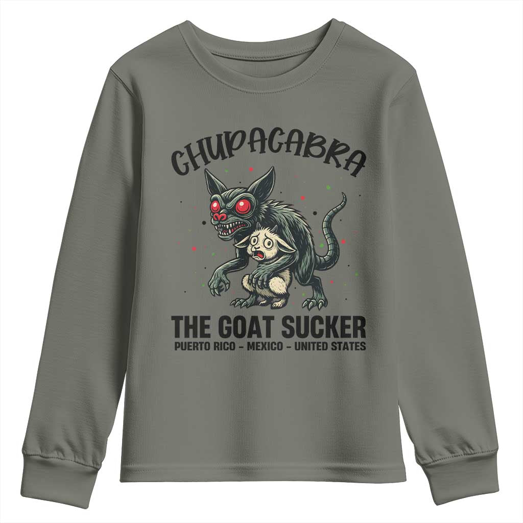 Chupacabra Youth Sweatshirt The Goat Sucker Vintage Horror Cryptid Gift TS12 Military Green Print Your Wear