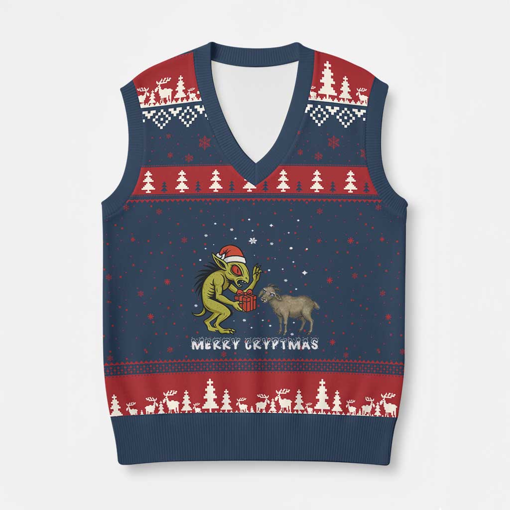 Funny Chupacabra V-Neck Knit Sweater Vest Merry Cryptmas Xmas Gift TS12 Navy Red Print Your Wear