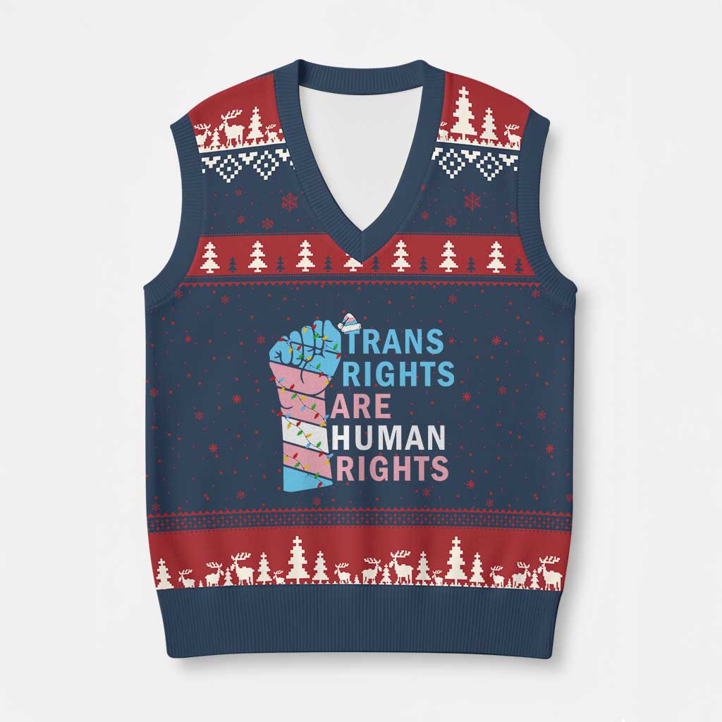 Trans Rights Are Human Rights V-Neck Knit Sweater Vest Xmas LGBTQ Supporter Gift TS12 Navy Red Print Your Wear