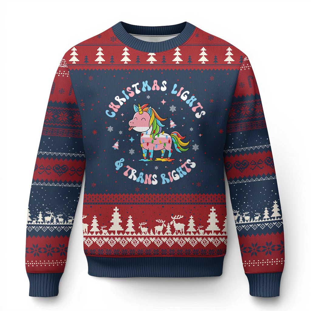 Christmas Lights And Trans Rights Ugly Christmas Sweater Magical Unicorn Pride TS12 Navy Red Print Your Wear