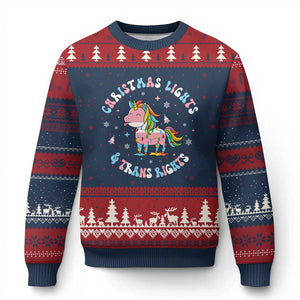 Christmas Lights And Trans Rights Ugly Christmas Sweater Magical Unicorn Pride TS12 Navy Red Print Your Wear