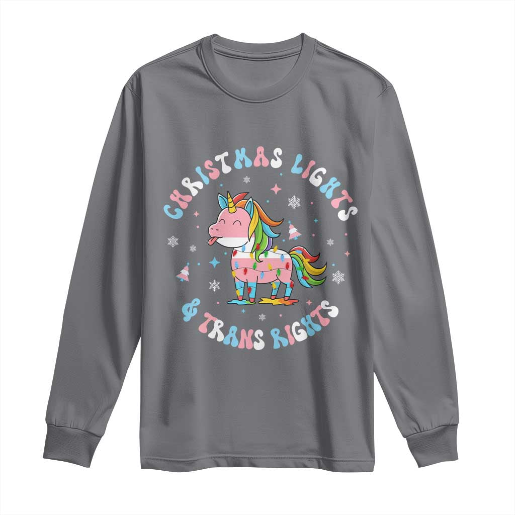 Christmas Lights And Trans Rights Long Sleeve Shirt Magical Unicorn Pride TS12 Charcoal Print Your Wear