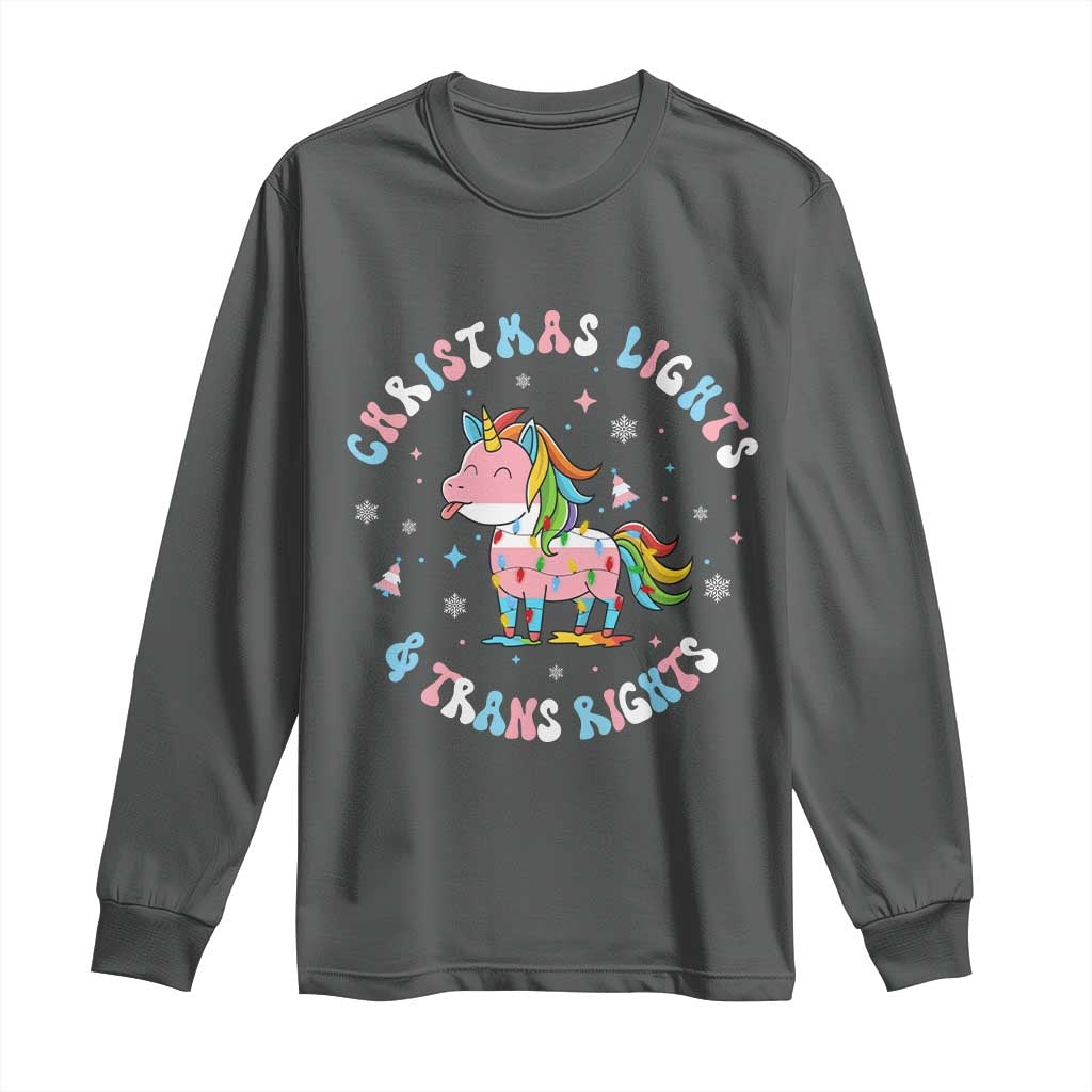 Christmas Lights And Trans Rights Long Sleeve Shirt Magical Unicorn Pride TS12 Dark Heather Print Your Wear