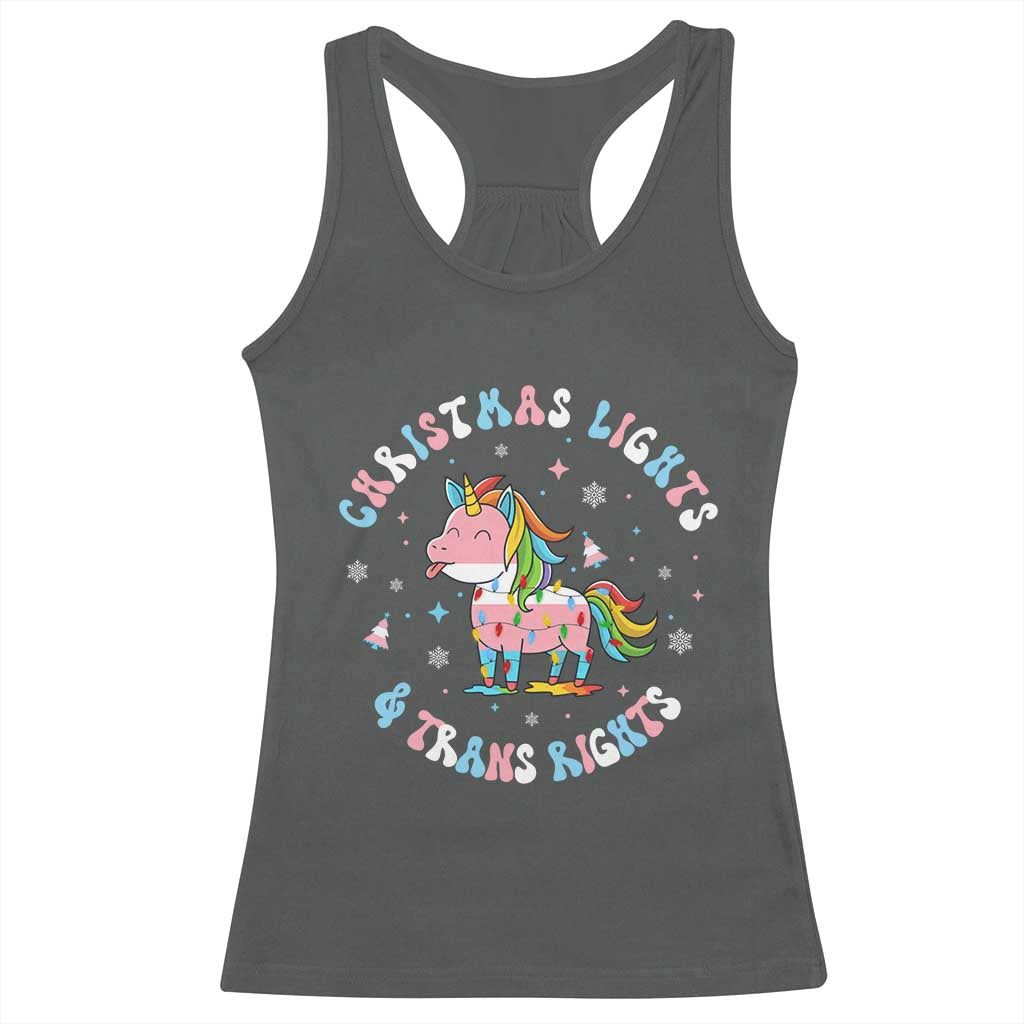 Christmas Lights And Trans Rights Racerback Tank Top Magical Unicorn Pride TS12 Dark Heather Print Your Wear