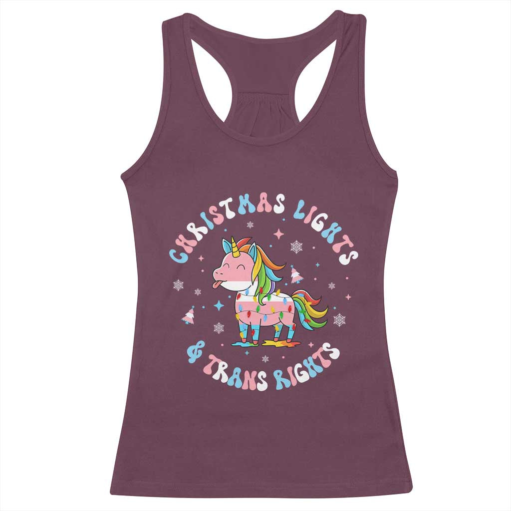 Christmas Lights And Trans Rights Racerback Tank Top Magical Unicorn Pride TS12 Maroon Print Your Wear