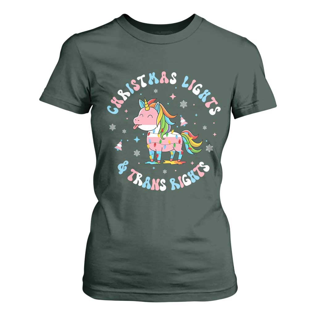 Christmas Lights And Trans Rights T Shirt For Women Magical Unicorn Pride TS12 Dark Forest Green Print Your Wear