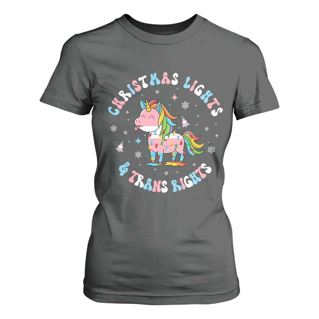 Christmas Lights And Trans Rights T Shirt For Women Magical Unicorn Pride TS12 Dark Heather Print Your Wear