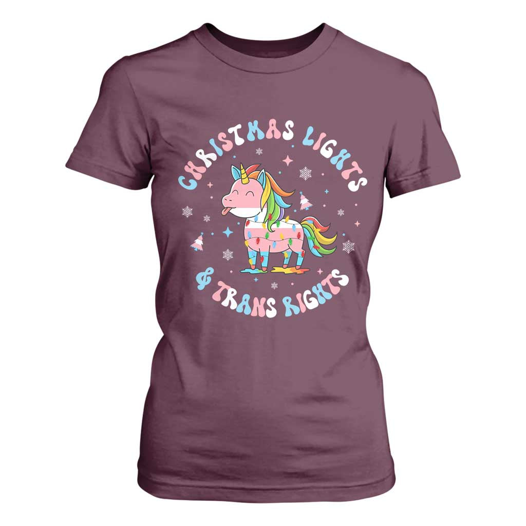 Christmas Lights And Trans Rights T Shirt For Women Magical Unicorn Pride TS12 Maroon Print Your Wear