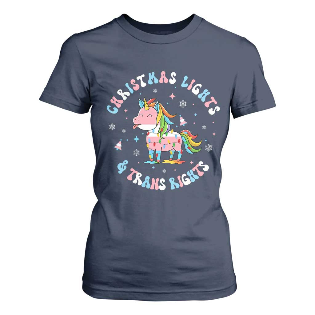 Christmas Lights And Trans Rights T Shirt For Women Magical Unicorn Pride TS12 Navy Print Your Wear