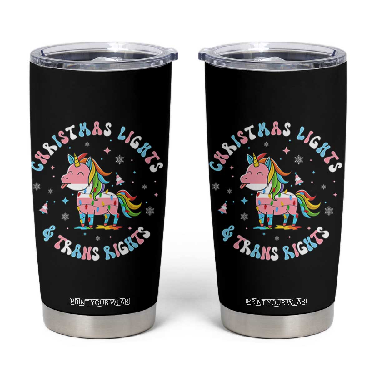 Christmas Lights And Trans Rights Tumbler Cup Magical Unicorn Pride TS12 Black Print Your Wear