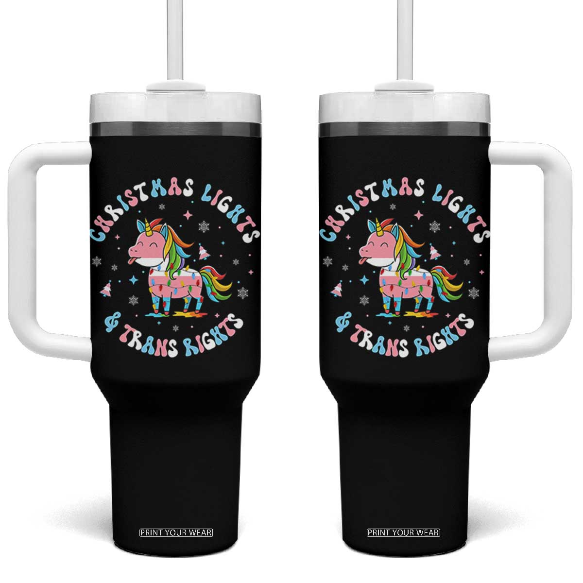 Christmas Lights And Trans Rights Tumbler With Handle Magical Unicorn Pride TS12 One Size: 40 oz Black Print Your Wear