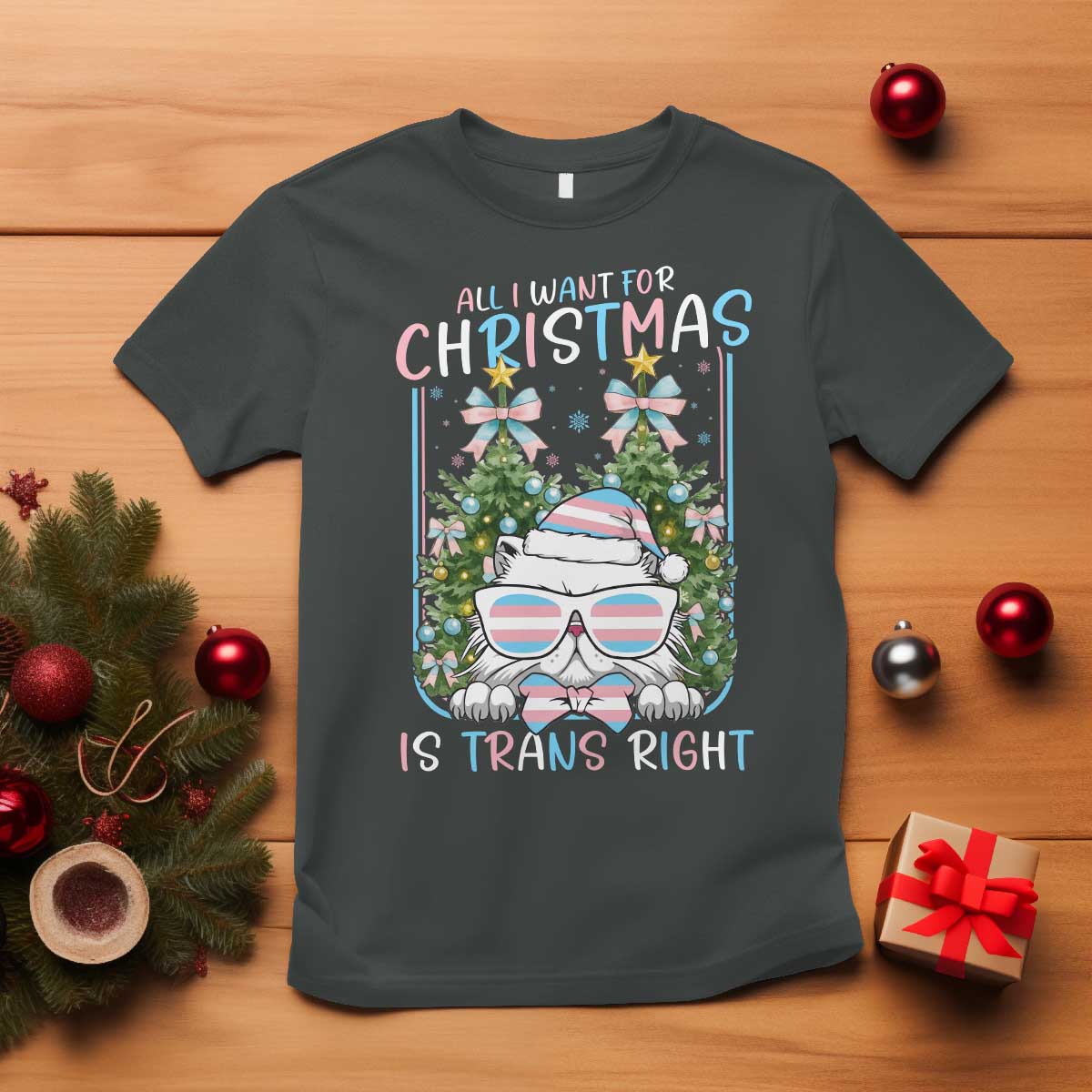 Funny Santa Cat Trans Pride T Shirt All I Want For Christmas Is Trans Rights TS12 Dark Heather Print Your Wear