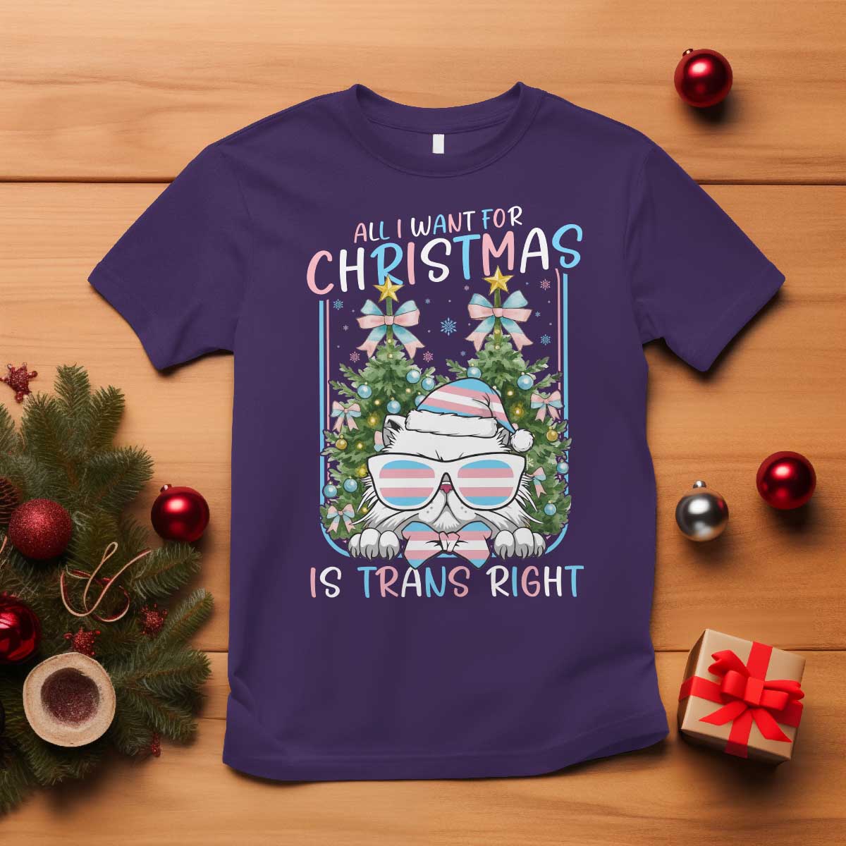 Funny Santa Cat Trans Pride T Shirt All I Want For Christmas Is Trans Rights TS12 Purple Print Your Wear