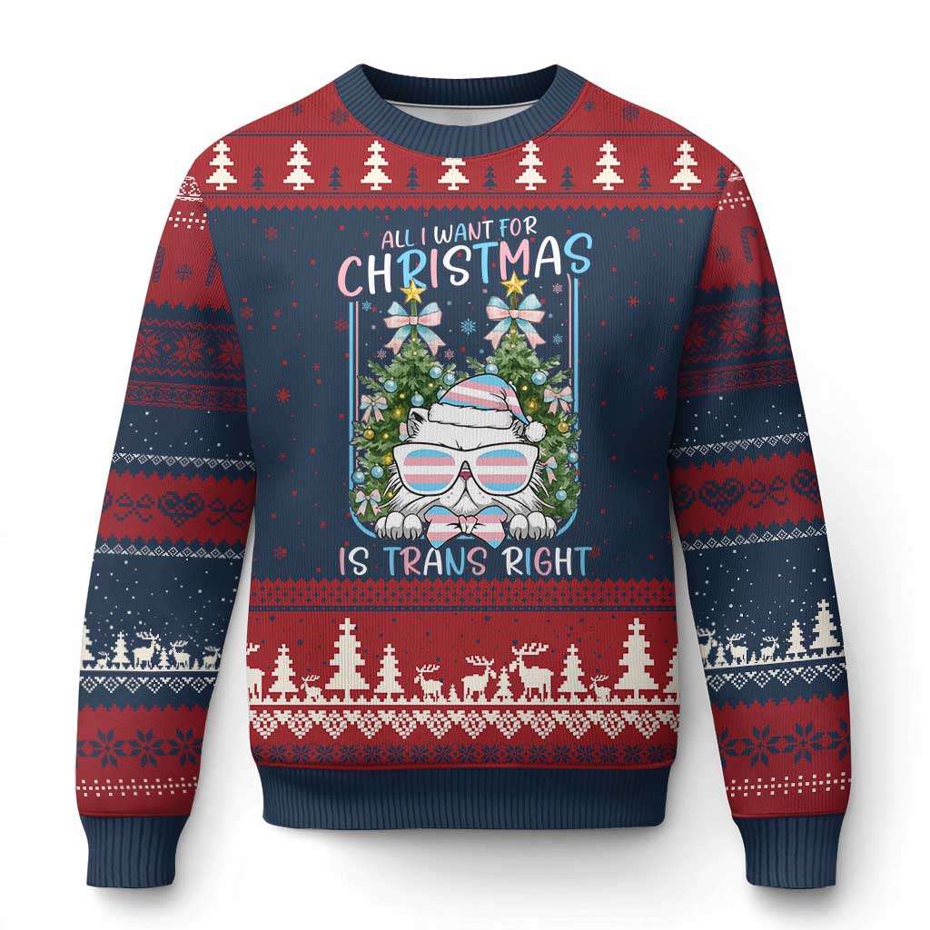 Funny Santa Cat Trans Pride Ugly Christmas Sweater All I Want For Xmas Is Trans Rights TS12 Navy Red Print Your Wear
