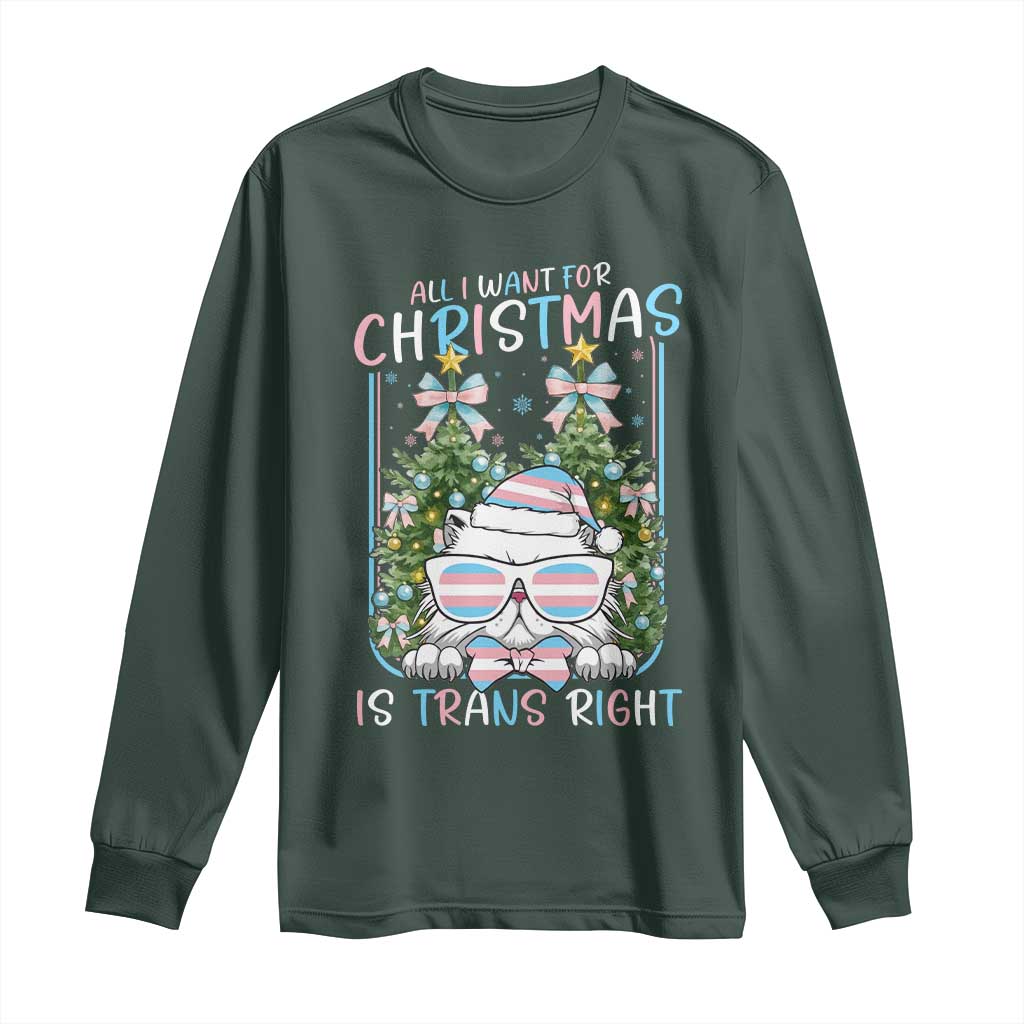 Funny Santa Cat Trans Pride Long Sleeve Shirt All I Want For Christmas Is Trans Rights TS12 Dark Forest Green Print Your Wear