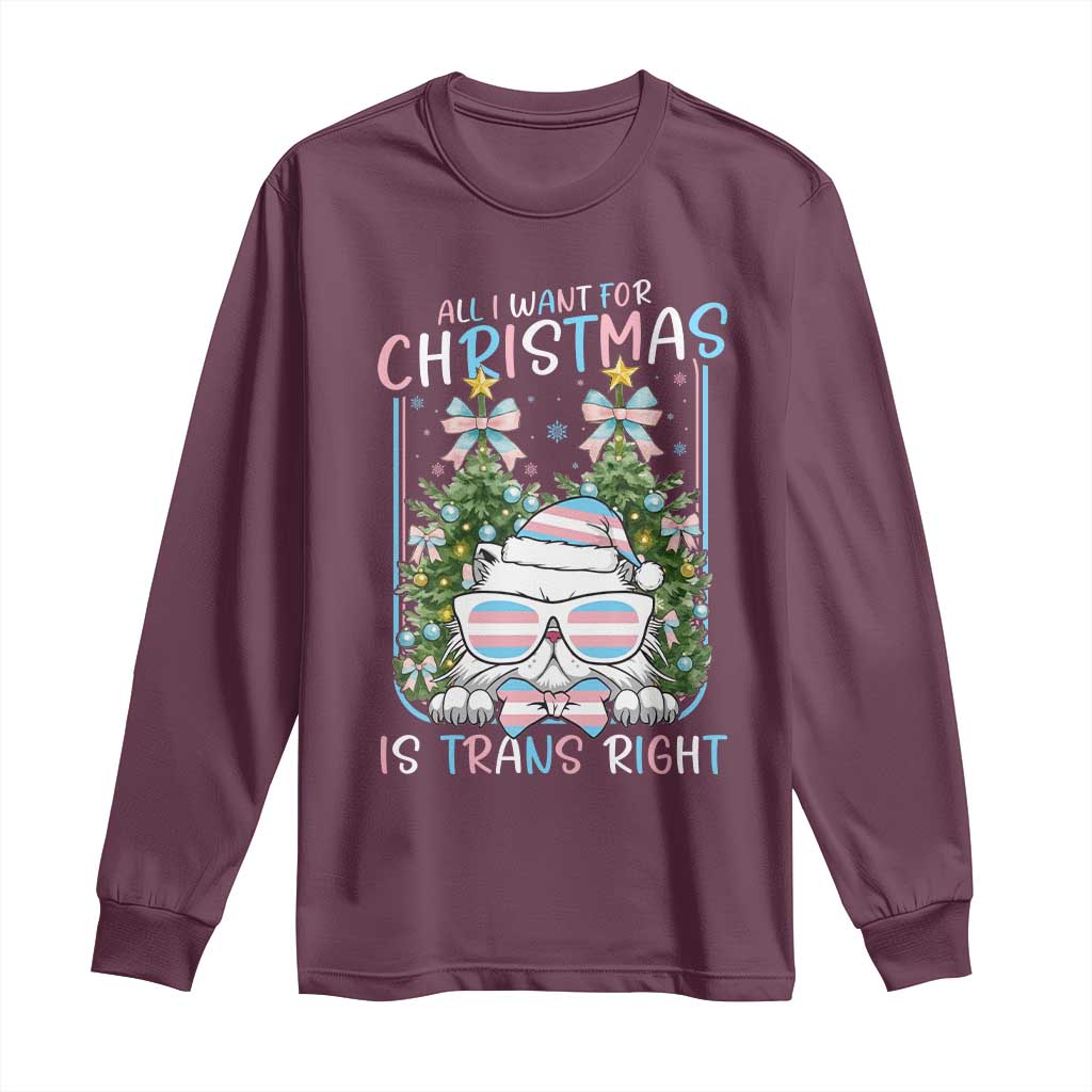 Funny Santa Cat Trans Pride Long Sleeve Shirt All I Want For Christmas Is Trans Rights TS12 Maroon Print Your Wear