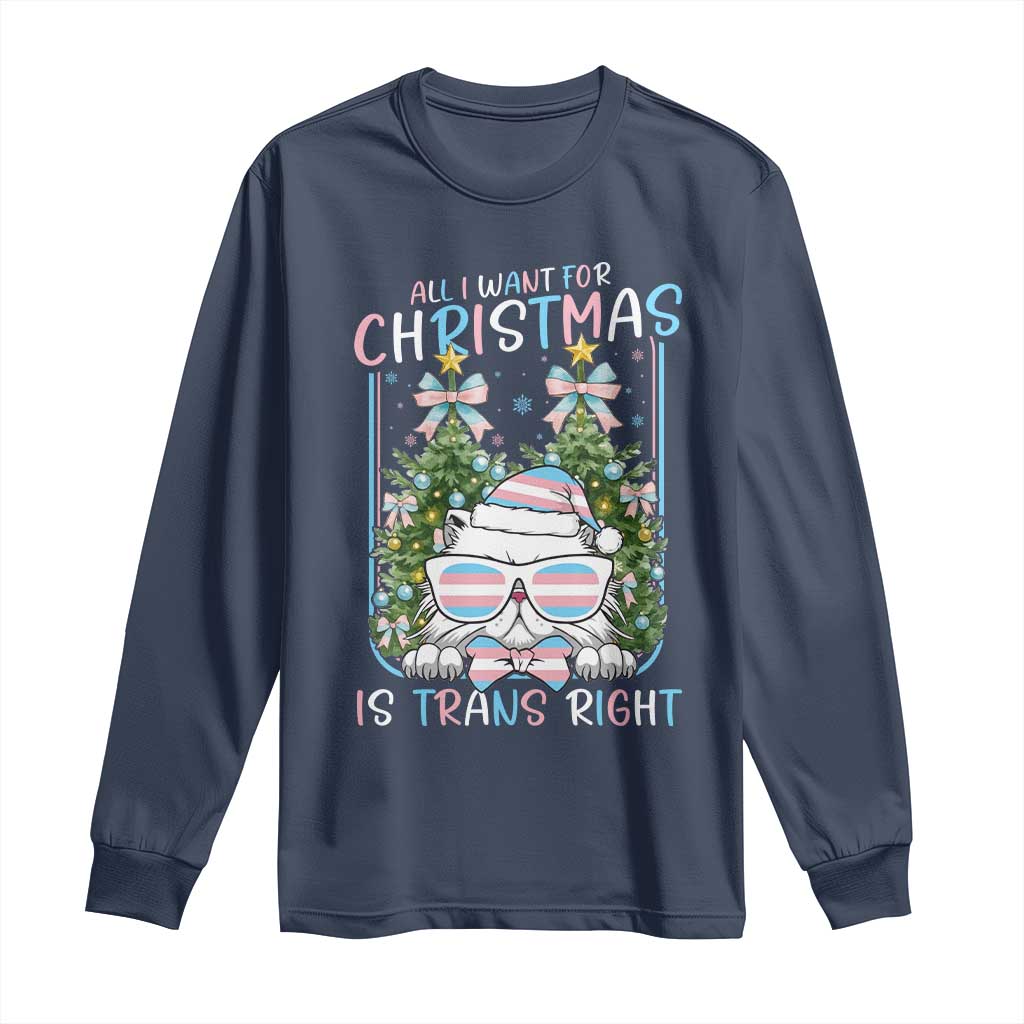 Funny Santa Cat Trans Pride Long Sleeve Shirt All I Want For Christmas Is Trans Rights TS12 Navy Print Your Wear