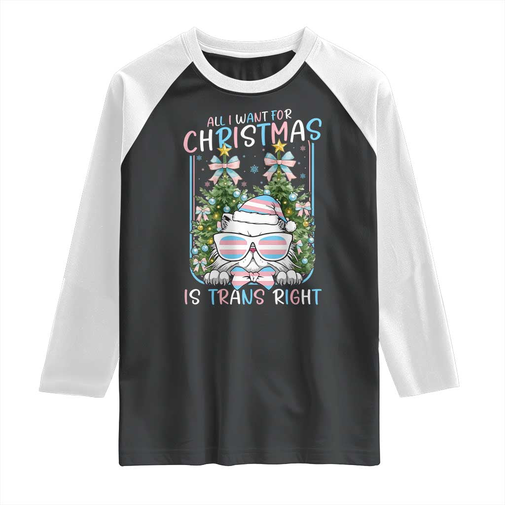Funny Santa Cat Trans Pride Raglan Shirt All I Want For Christmas Is Trans Rights TS12 Black White Print Your Wear