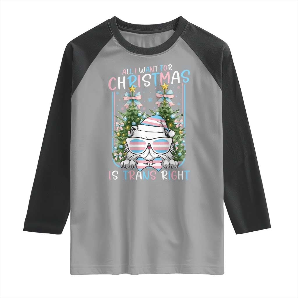 Funny Santa Cat Trans Pride Raglan Shirt All I Want For Christmas Is Trans Rights TS12 Sport Gray Black Print Your Wear