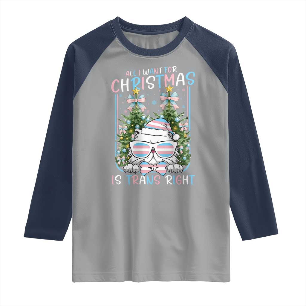 Funny Santa Cat Trans Pride Raglan Shirt All I Want For Christmas Is Trans Rights TS12 Sport Gray Navy Print Your Wear