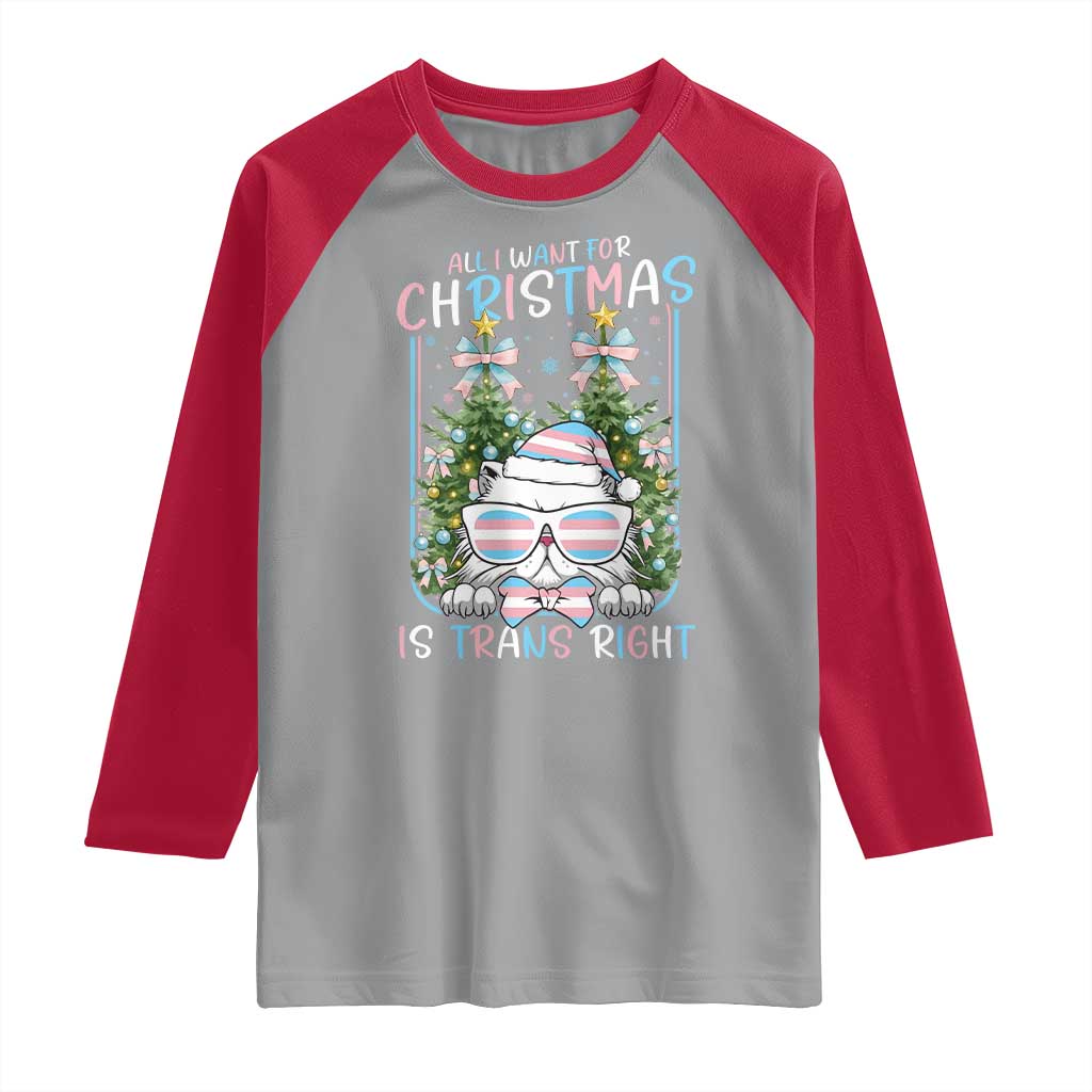 Funny Santa Cat Trans Pride Raglan Shirt All I Want For Christmas Is Trans Rights TS12 Sport Gray Red Print Your Wear