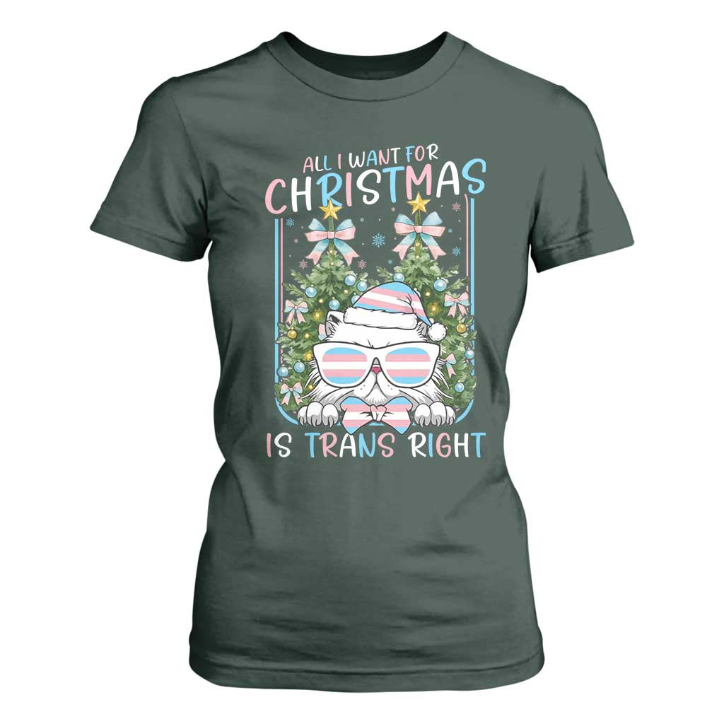 Funny Santa Cat Trans Pride T Shirt For Women All I Want For Christmas Is Trans Rights TS12 Dark Forest Green Print Your Wear
