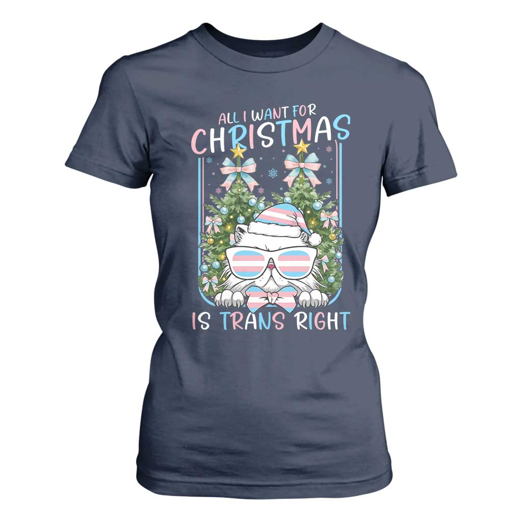 Funny Santa Cat Trans Pride T Shirt For Women All I Want For Christmas Is Trans Rights TS12 Navy Print Your Wear