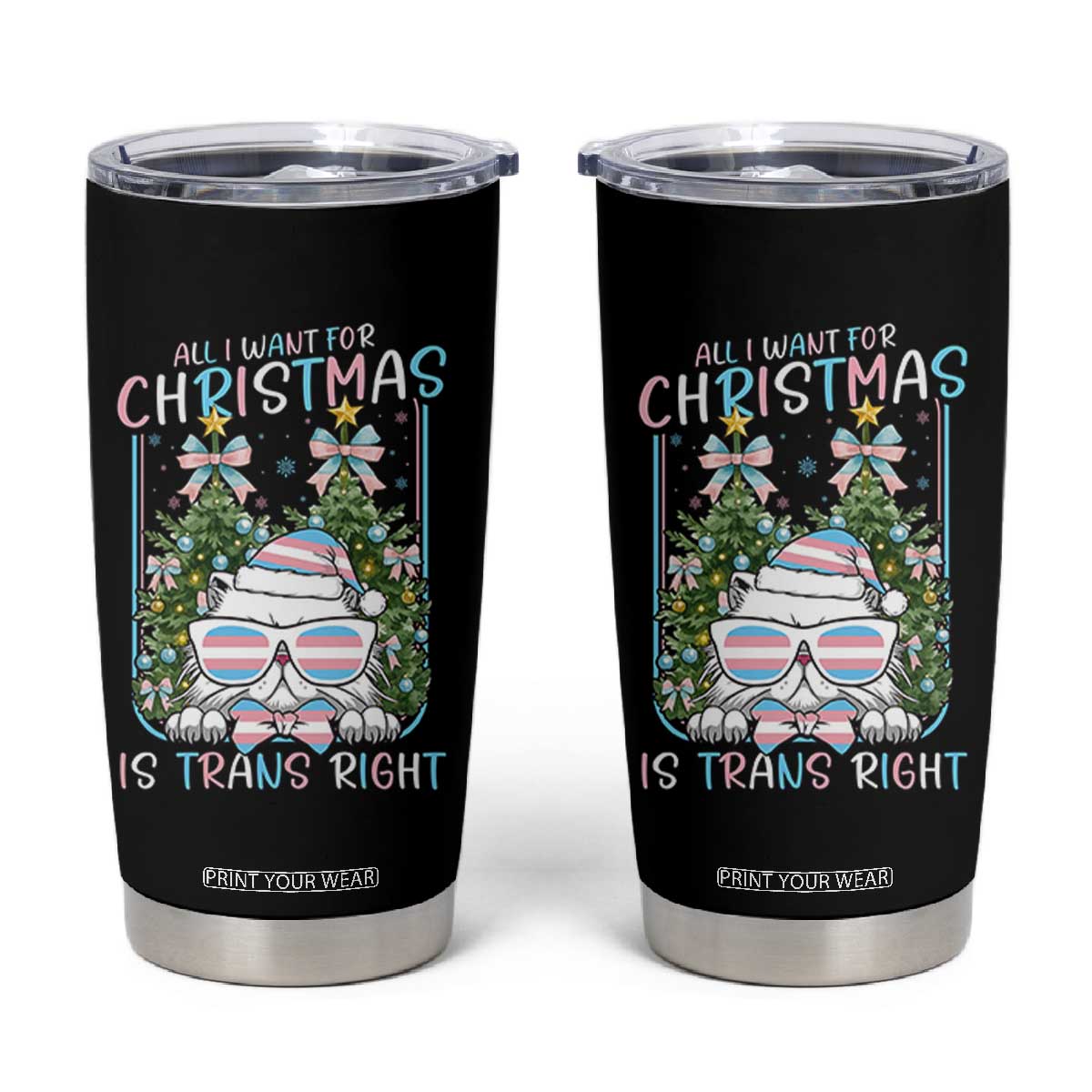 Funny Santa Cat Trans Pride Tumbler Cup All I Want For Christmas Is Trans Rights TS12 Black Print Your Wear