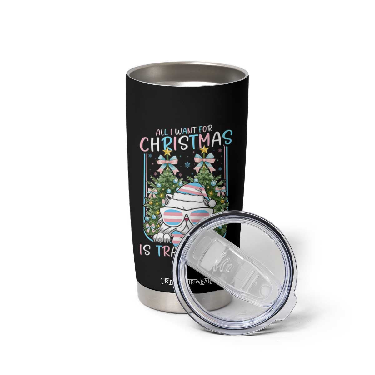 Funny Santa Cat Trans Pride Tumbler Cup All I Want For Christmas Is Trans Rights TS12 Print Your Wear