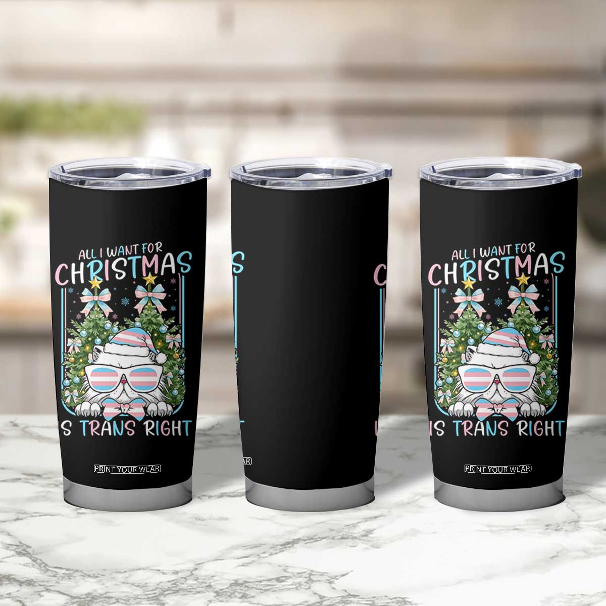 Funny Santa Cat Trans Pride Tumbler Cup All I Want For Christmas Is Trans Rights TS12 Print Your Wear