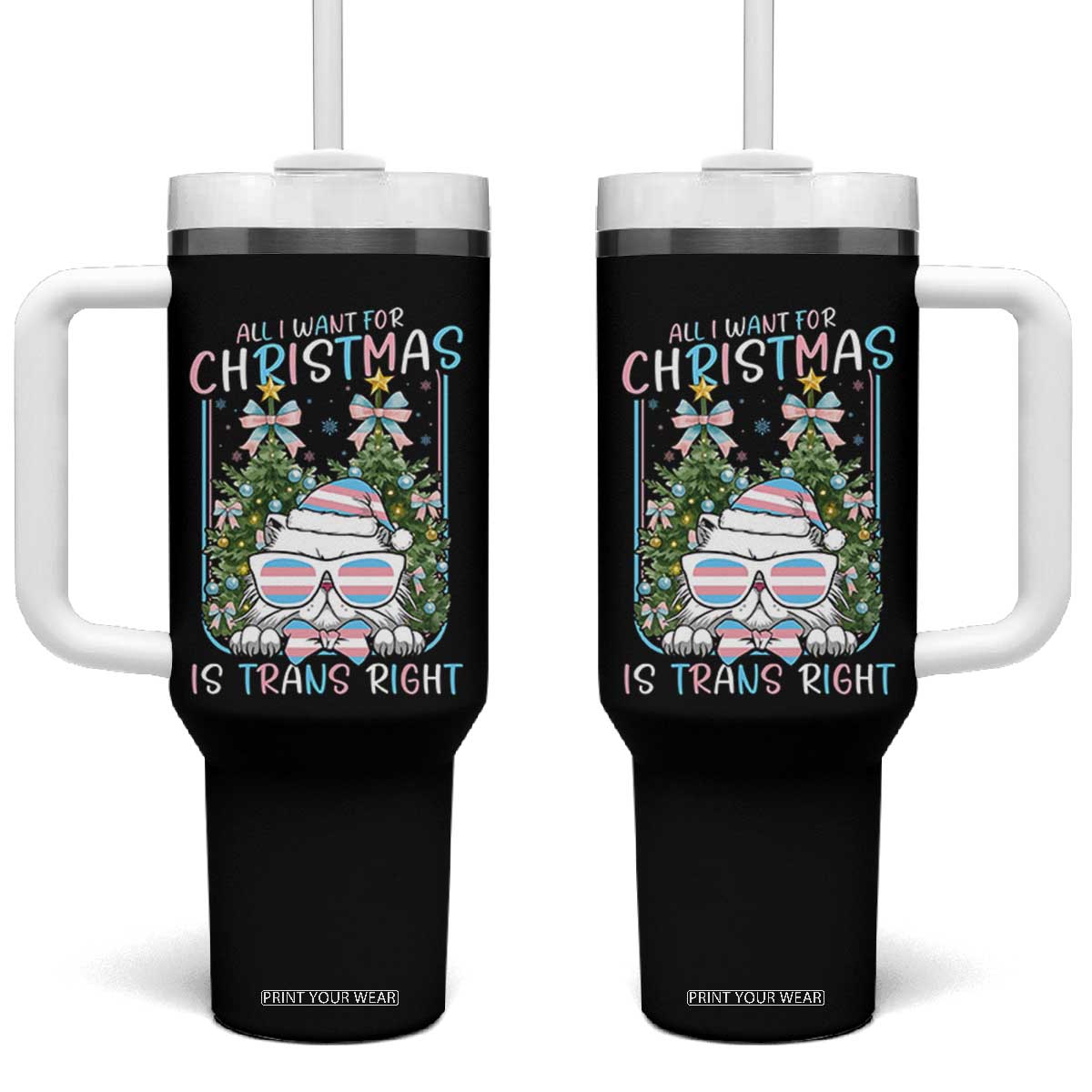 Funny Santa Cat Trans Pride Tumbler With Handle All I Want For Christmas Is Trans Rights TS12 One Size: 40 oz Black Print Your Wear