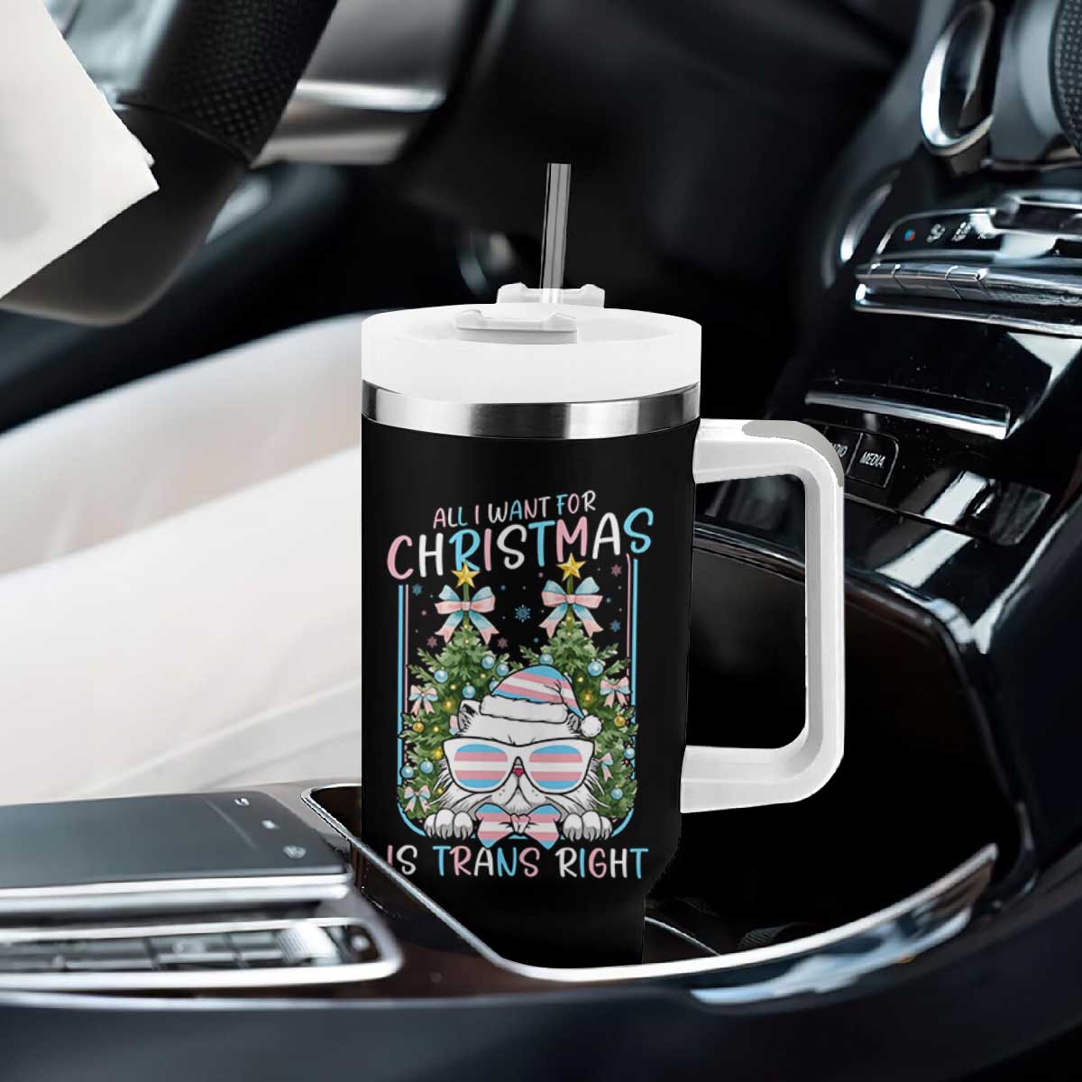 Funny Santa Cat Trans Pride Tumbler With Handle All I Want For Christmas Is Trans Rights TS12 Print Your Wear