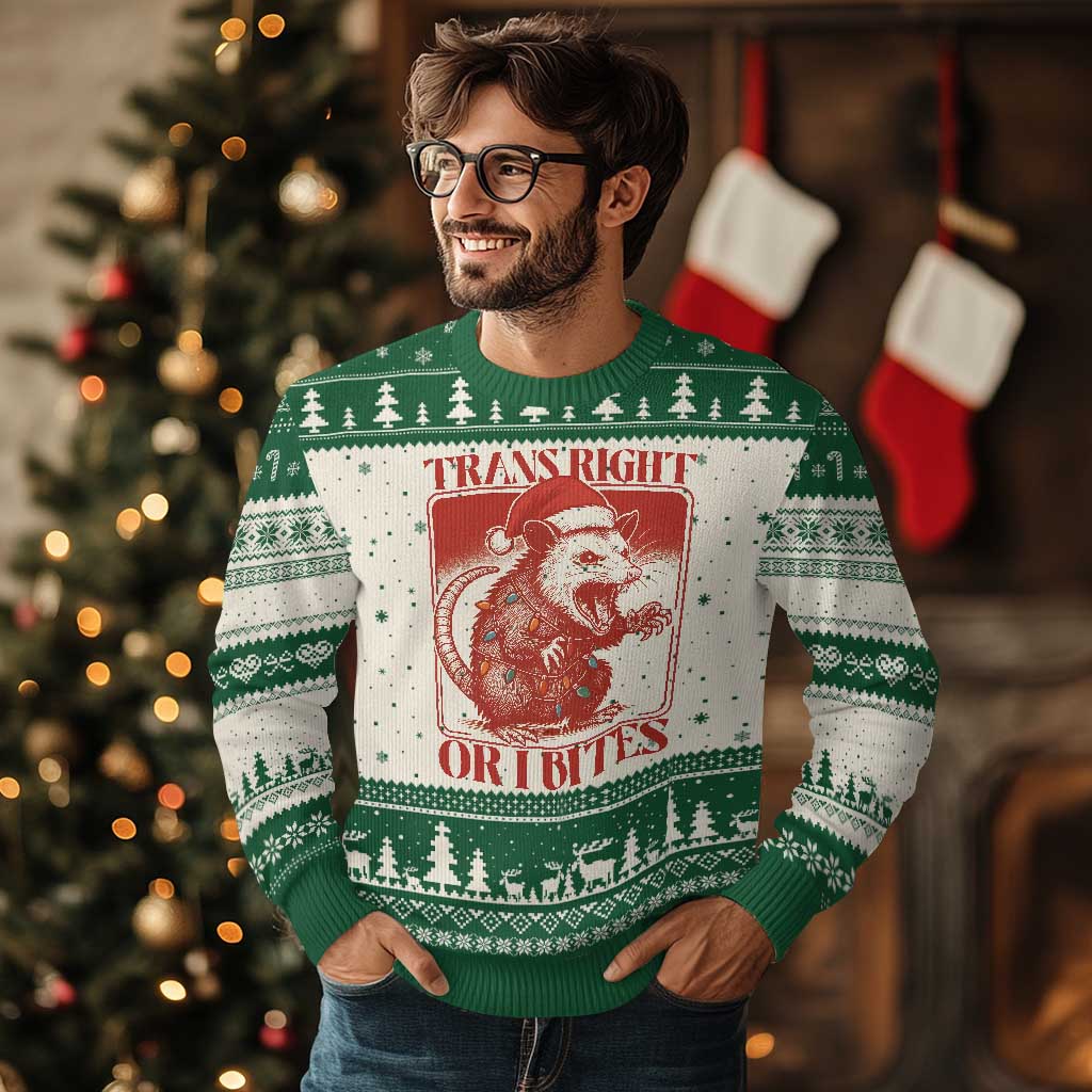 Funny Fierce Opossum Santa Ugly Christmas Sweater Trans Right Or I Bites Christmas Gift TS12 Beige Green Print Your Wear