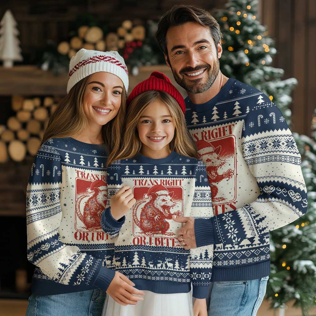 Funny Fierce Opossum Santa Ugly Christmas Sweater Trans Right Or I Bites Christmas Gift TS12 Beige Navy Print Your Wear