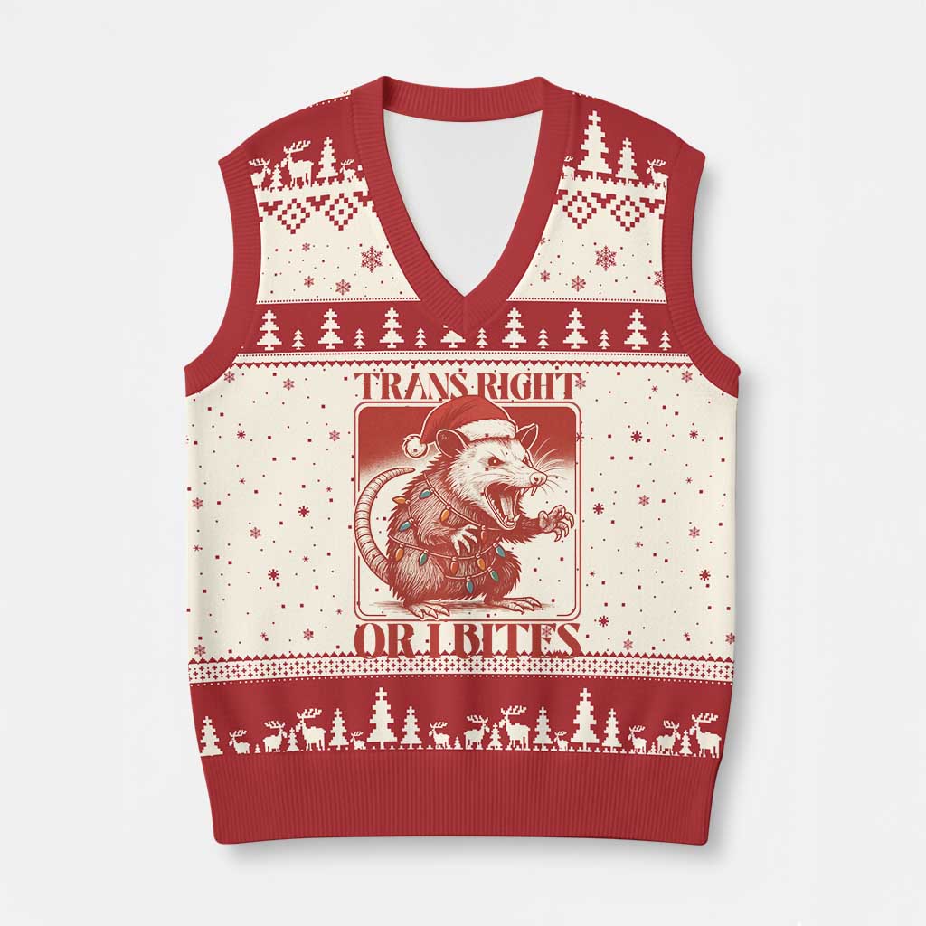 Funny Fierce Opossum Santa V-Neck Knit Sweater Vest Trans Right Or I Bites Christmas Gift TS12 Beige Red Print Your Wear