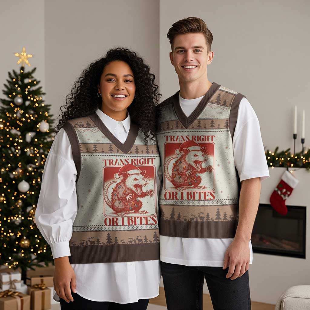 Funny Fierce Opossum Santa V-Neck Knit Sweater Vest Trans Right Or I Bites Christmas Gift TS12 Mocha Mousse Print Your Wear