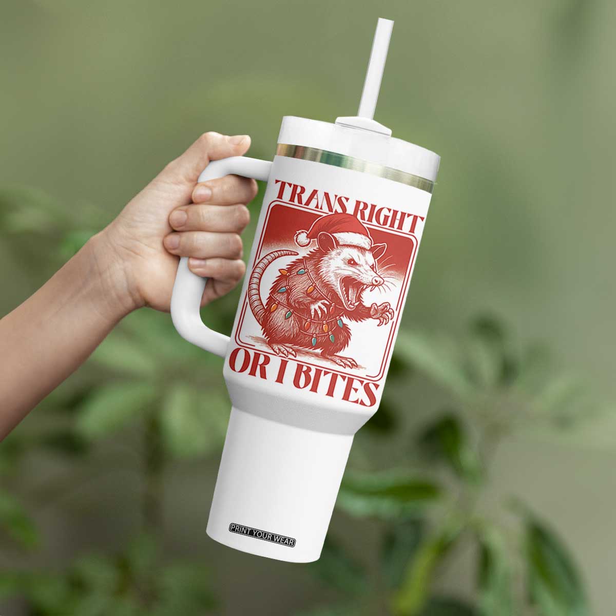 Funny Fierce Opossum Santa Tumbler With Handle Trans Right Or I Bites Christmas Gift TS12 Print Your Wear