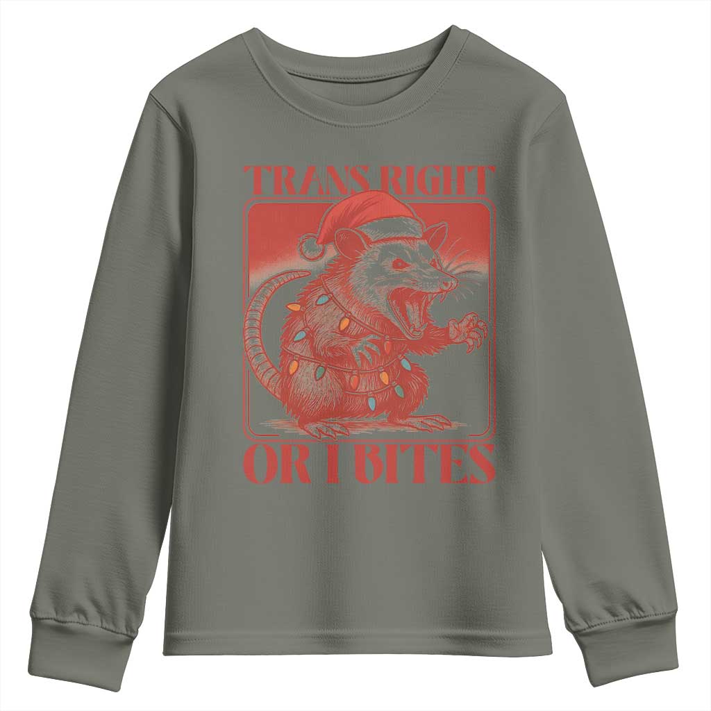 Funny Fierce Opossum Santa Youth Sweatshirt Trans Right Or I Bites Christmas Gift TS12 Military Green Print Your Wear