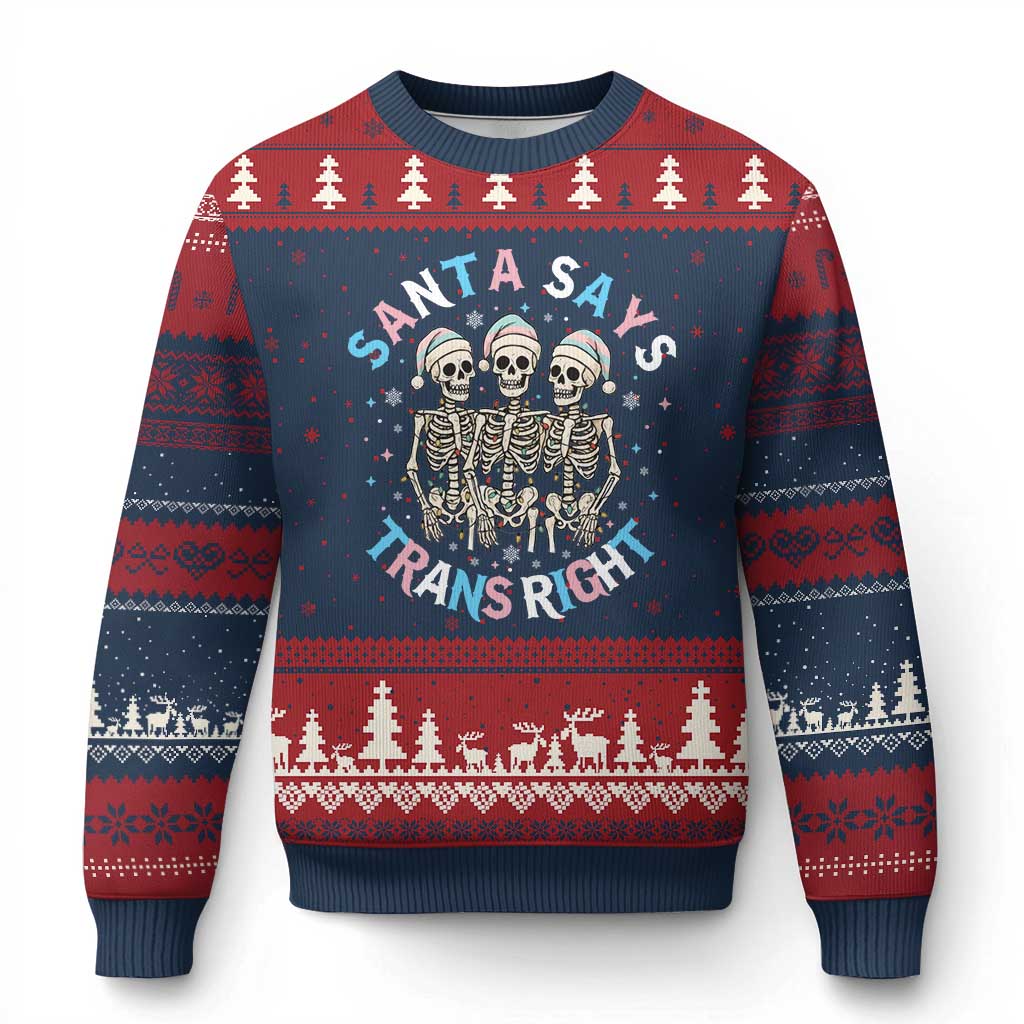 Funny Skeleton Santa Says Trans Right Ugly Christmas Sweater Transgender Pride Gift TS12 Navy Red Print Your Wear