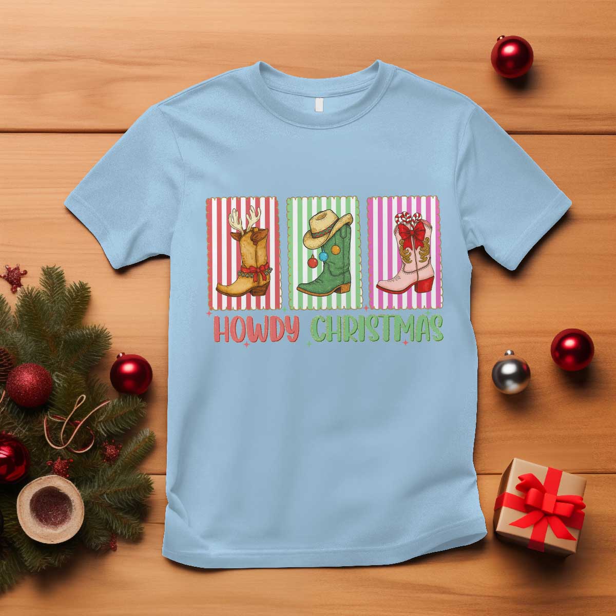 Howdy Christmas Cowboy Boots Western Pride T Shirt TS12 Light Blue Print Your Wear