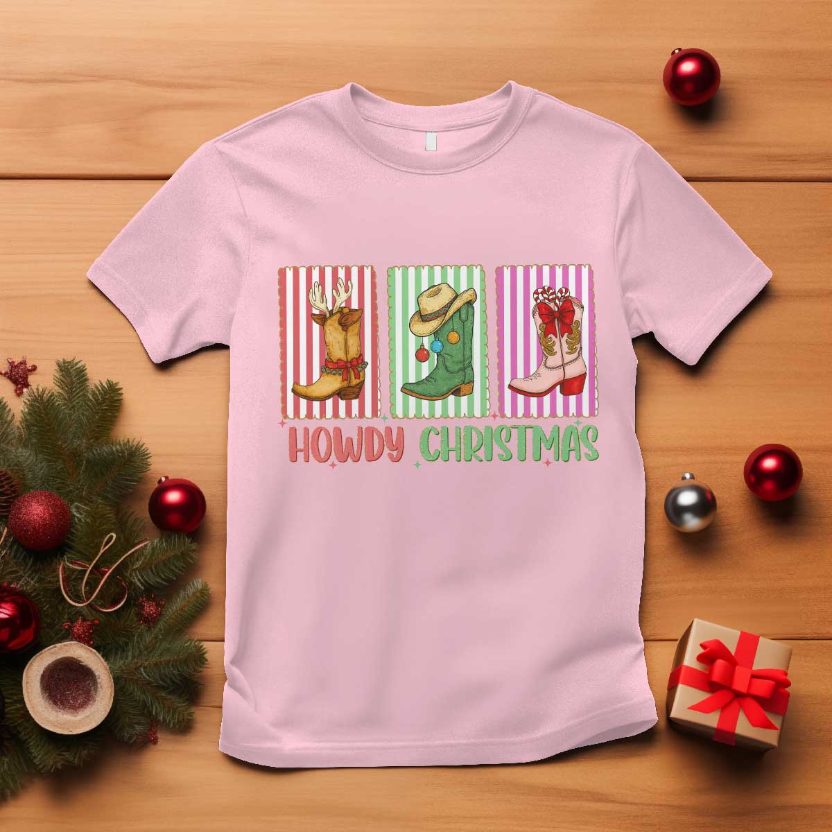 Howdy Christmas Cowboy Boots Western Pride T Shirt TS12 Light Pink Print Your Wear